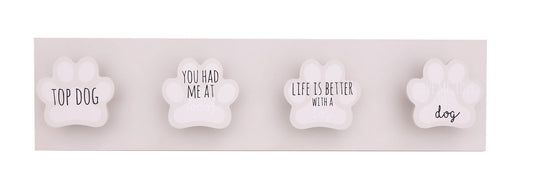 Geko Products pet leash holder with four white paw-shaped hooks and dog-themed text