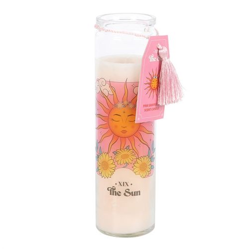 Pink grapefruit candle with The Sun tarot card design featuring vibrant floral illustrations