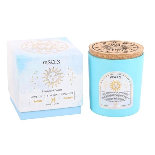 Pisces gardenia candle in light blue container with cork lid and decorative box for astrology lovers