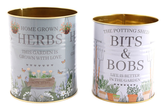 Geko Products potting shed storage tins with garden herbs and bits and bobs design