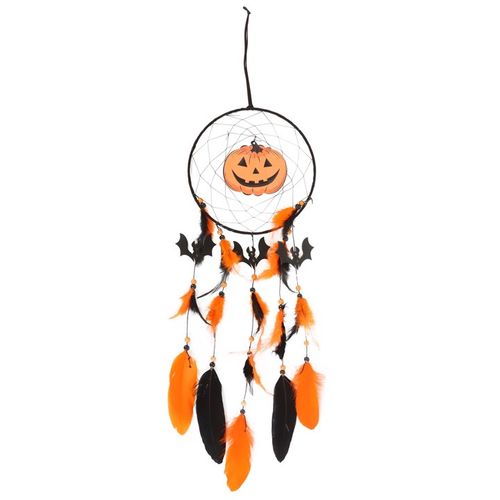 Pumpkin Halloween Dreamcatcher with black and orange feathers, perfect for festive decor