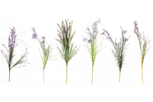 Six different purple flower bouquet stems by Geko Products on white background