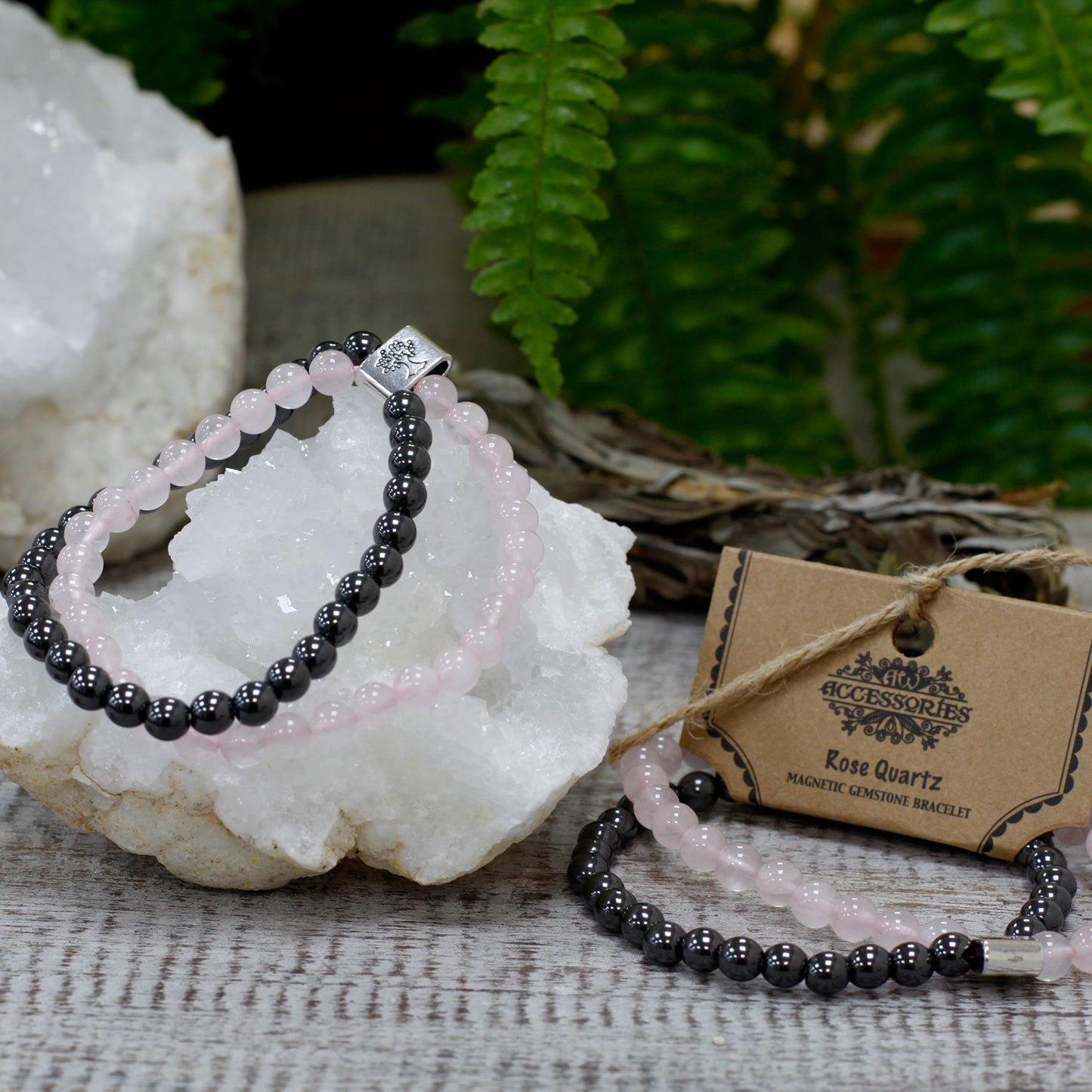 Rose Quartz Magnetic Bracelet with alternating pink and black beads for healing and style