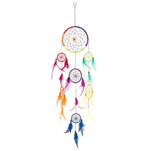 Large rainbow dreamcatcher for home decor with multiple colorful feathers and intricate woven details