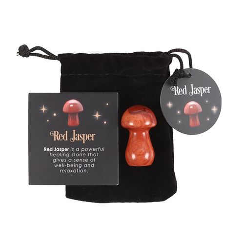 Magical red jasper healing crystal mushroom with velvet pouch and informational card from Kimchi Toki
