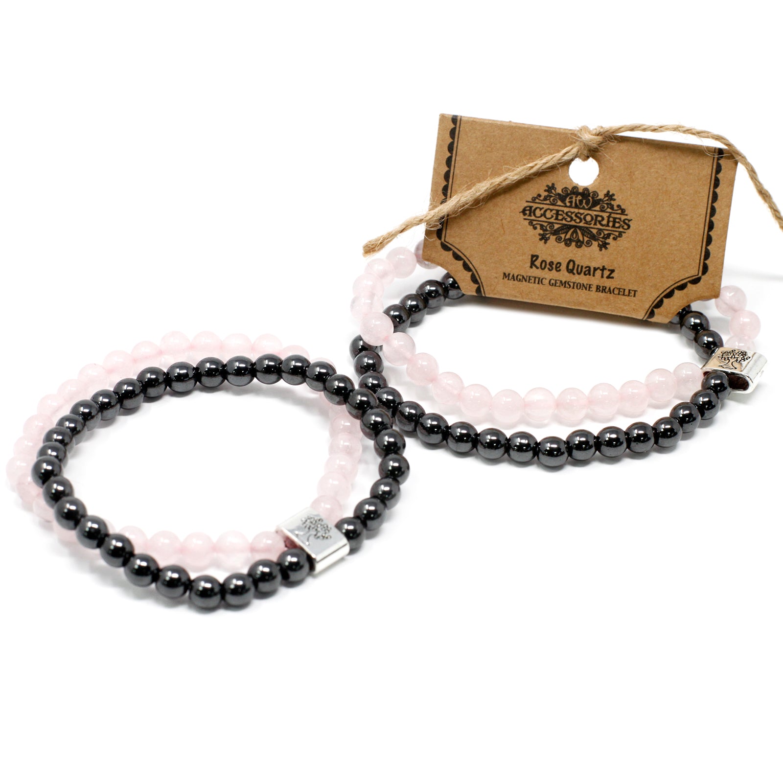 Rose quartz magnetic bracelet set featuring soft pink and sleek black beads for stylish energy healing