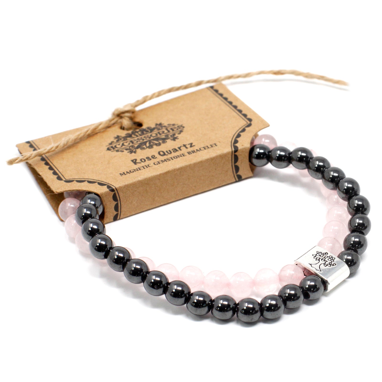 Rose Quartz Magnetic Bracelet featuring alternating pink rose quartz and black magnetic beads