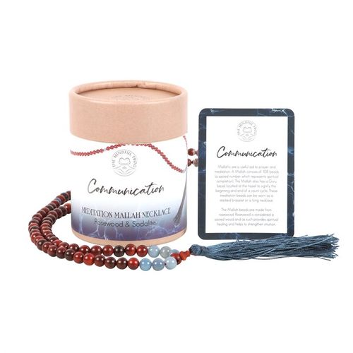 Rosewood and Sodalite Mallah Necklace with meditation card in decorative box for calming energy