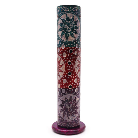 Soapstone Round Tower Incense Burner featuring intricate sun designs in vibrant colors
