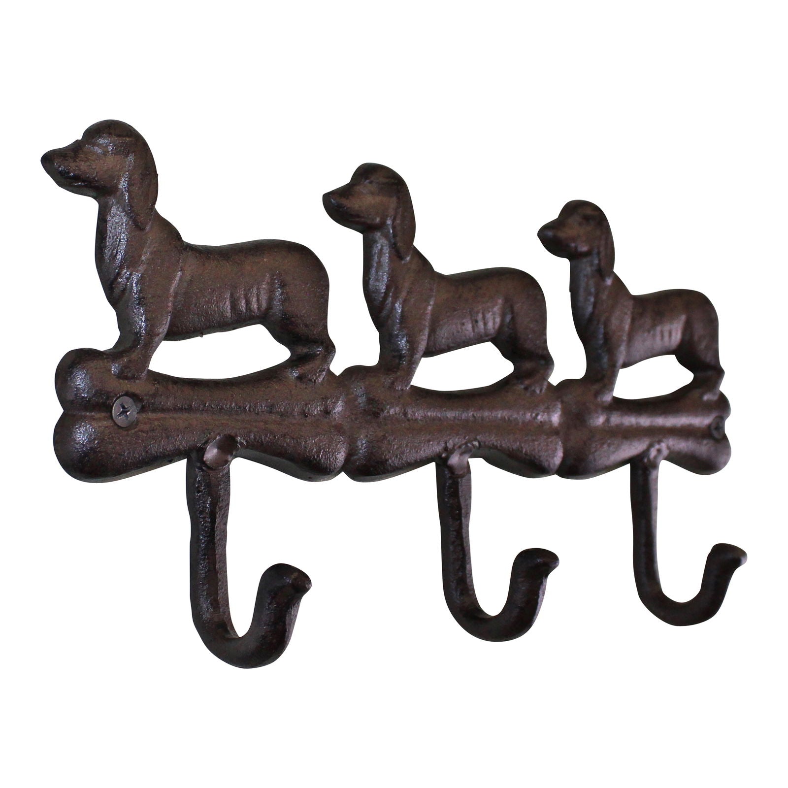Rustic cast iron wall hooks featuring three dachshund dog figures for hanging keys or coats
