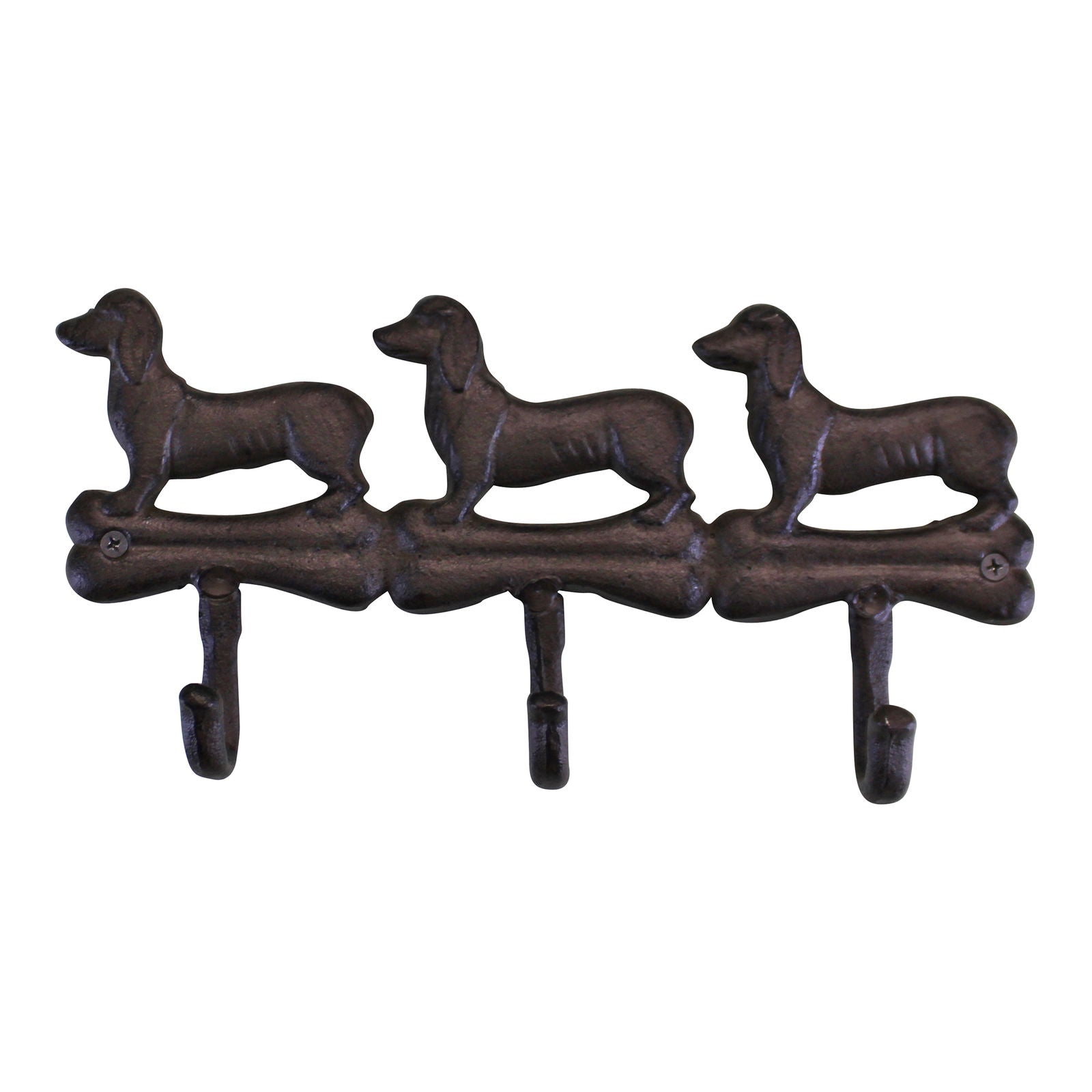 Rustic cast iron wall hooks featuring three dachshund dog designs with dark brown finish