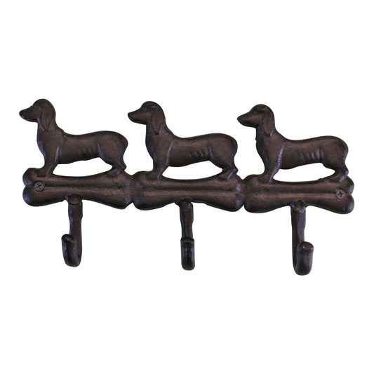 Rustic cast iron wall hooks featuring three dachshund dog designs with dark brown finish