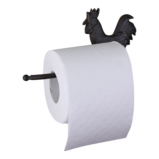 Rustic chicken toilet paper holder in black metal with decorative rooster design