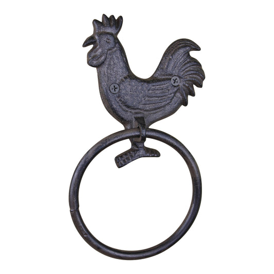 Geko Products rustic chicken towel ring in dark metal with rooster design for farmhouse decor