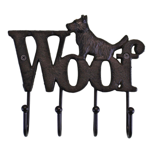 Rustic dog wall hooks with black metal Woof design and four sturdy hanging hooks