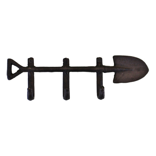 Geko Products rustic garden spade wall hooks with three black metal hooks for hanging items
