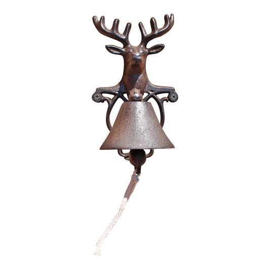 Rustic reindeer wall bell with metal deer head and hanging rope from Geko Products
