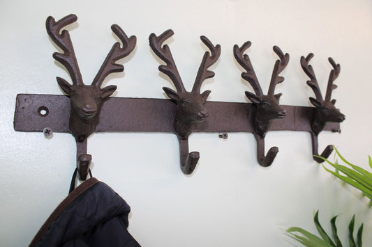Geko Products rustic reindeer wall hooks with four metal reindeer heads for hanging coats and accessories