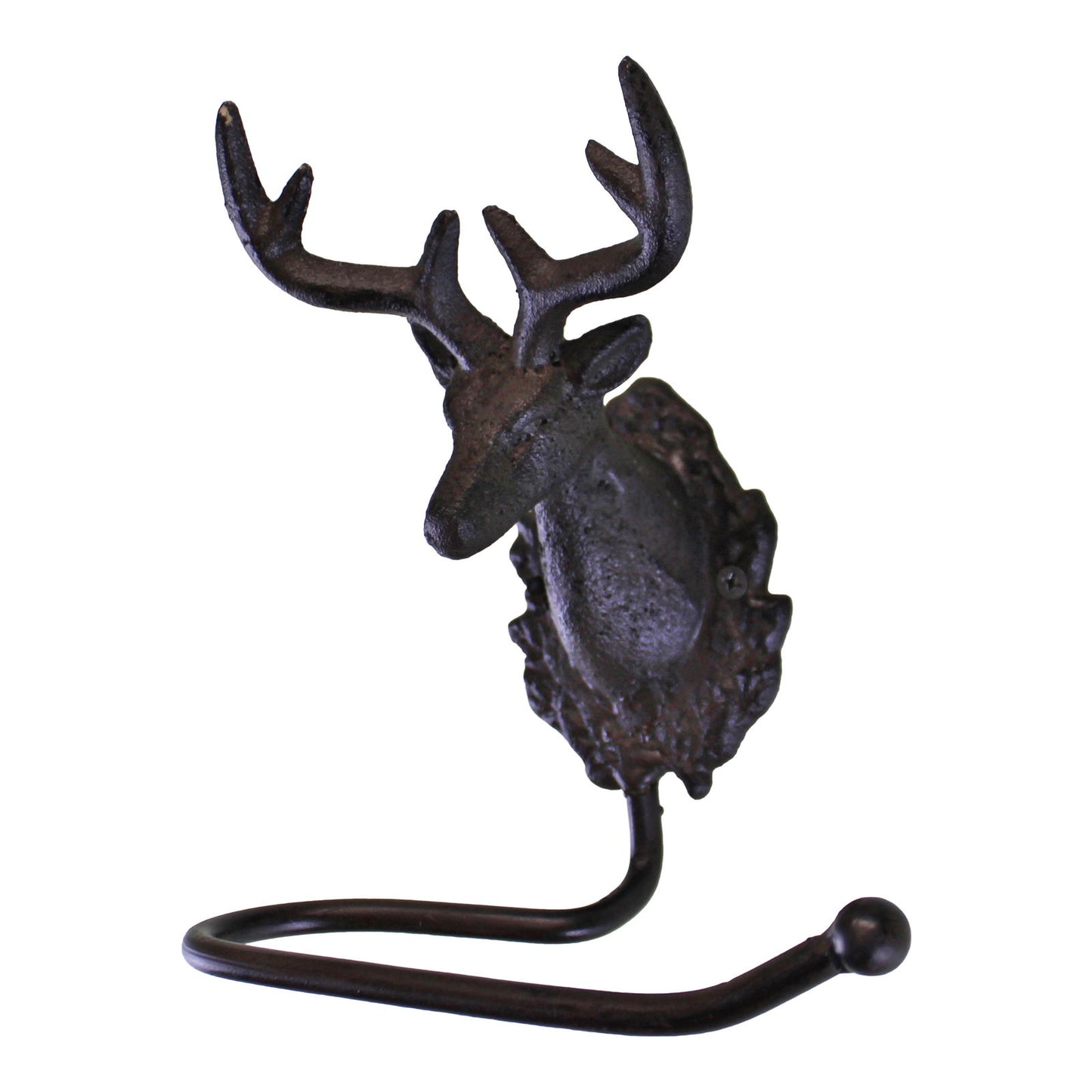 Rustic stag head toilet roll holder in dark metal from Geko Products with detailed antlers design