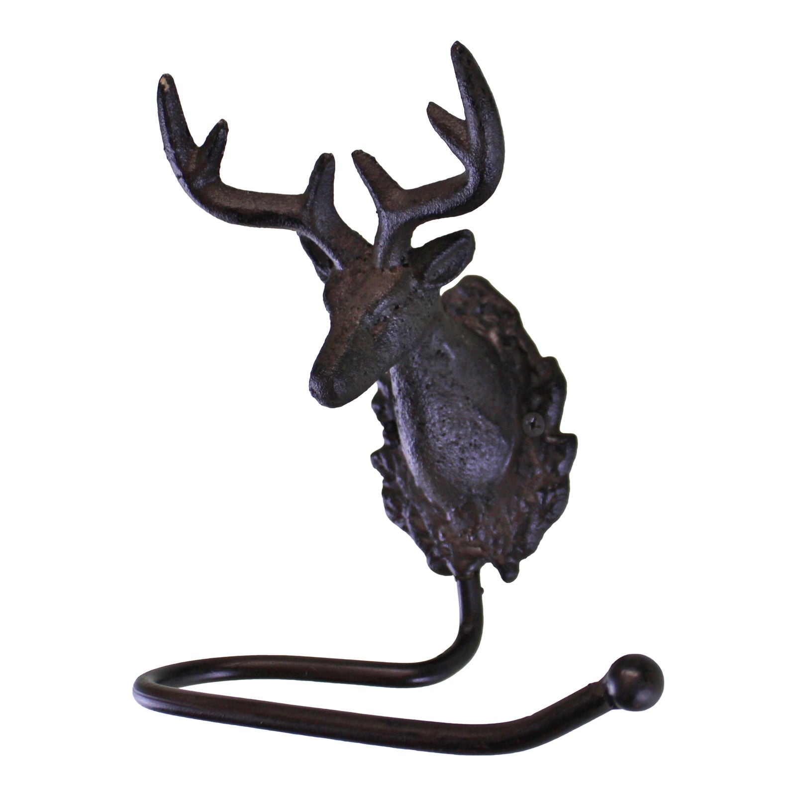 Rustic stag head toilet roll holder in dark metal from Geko Products with detailed antlers design