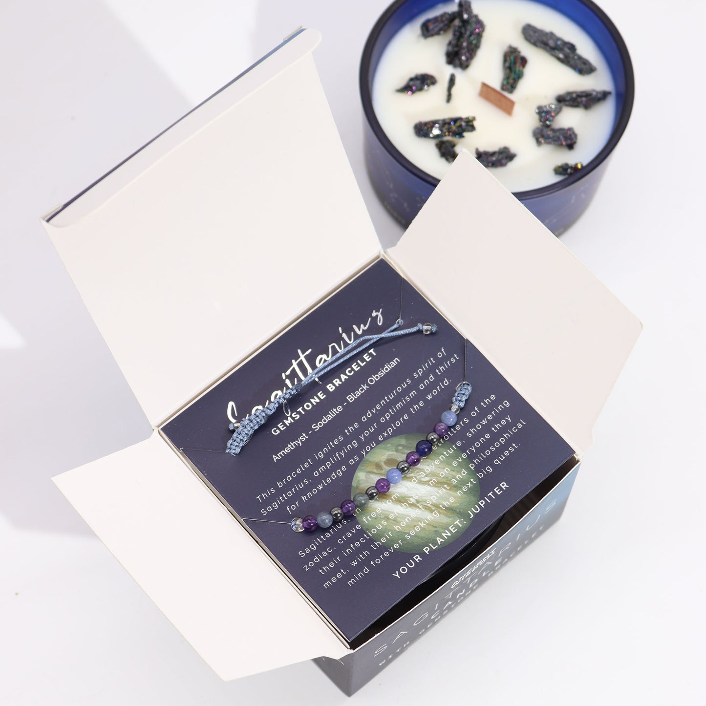 Sagittarius gemstone bracelet in a box for Zodiac Crystal Candle gift set