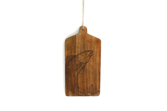 Salmon engraved cheese board made of dark wood with hanging rope by Geko Products