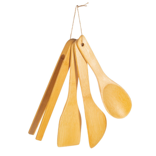 sustainable kitchen utensil set with bamboo spoons and spatulas hanging on a string