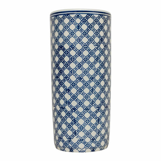 Geko Products floral umbrella stand with blue geometric pattern on white ceramic surface