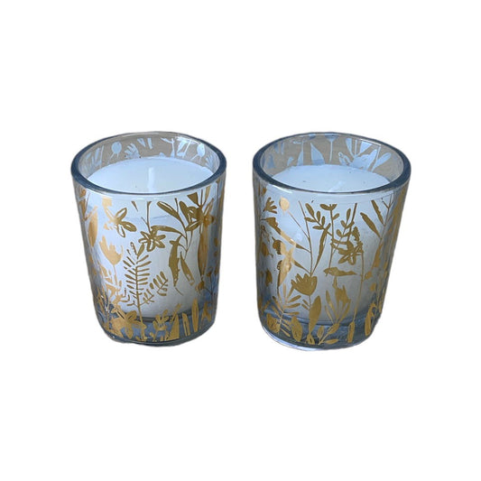 Geko Products scented leaf votive candles in glass holders with gold leaf patterns