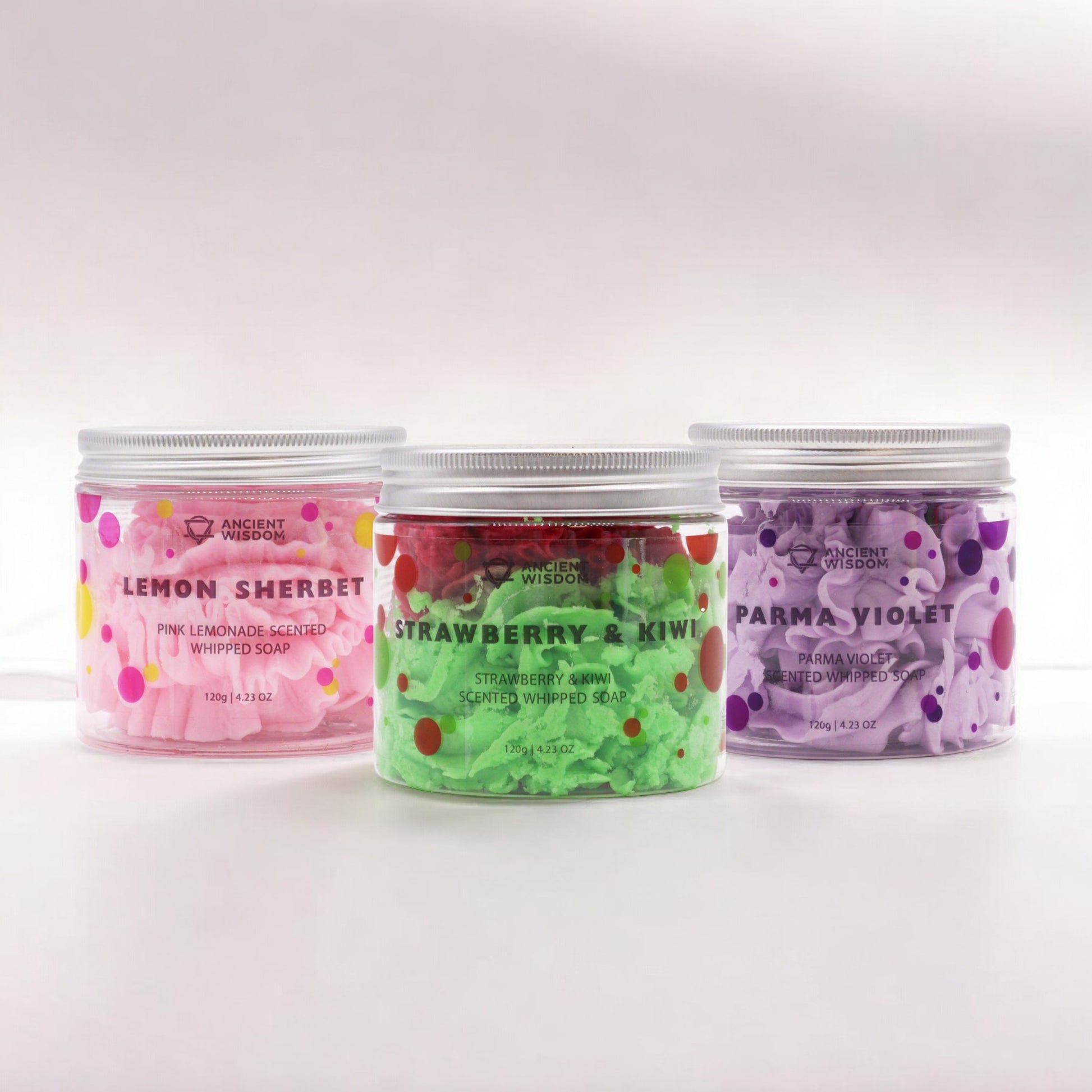 Best scented whipped soap collection featuring Lemon Sherbet, Strawberry Kiwi, and Parma Violet variants