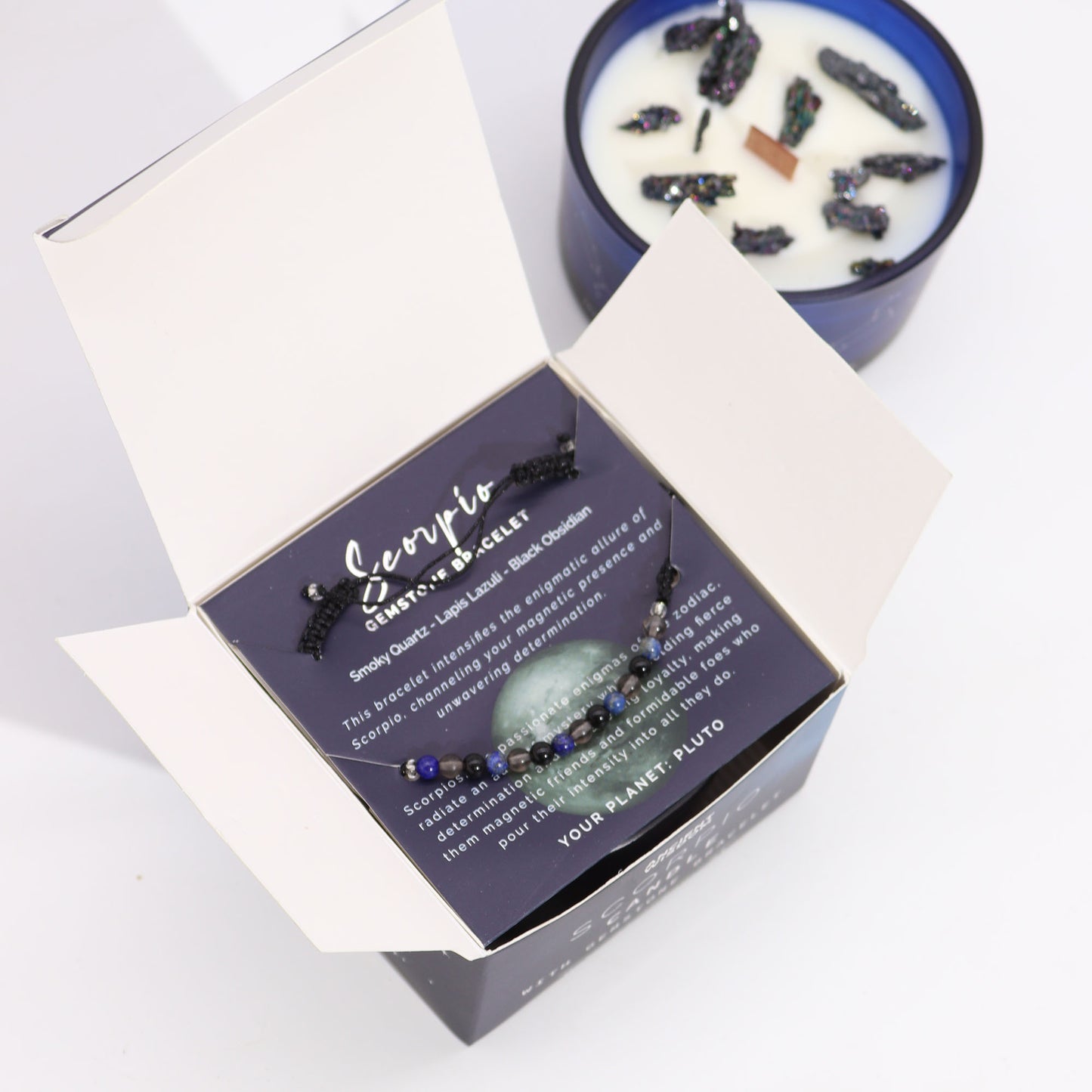 Scorpio gemstone bracelet in a beautiful box with Zodiac Crystal Candle