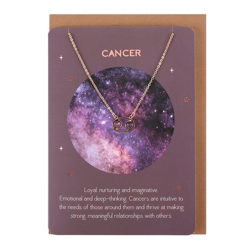 Cancer zodiac necklace gift on a celestial-themed card with a description of Cancer traits