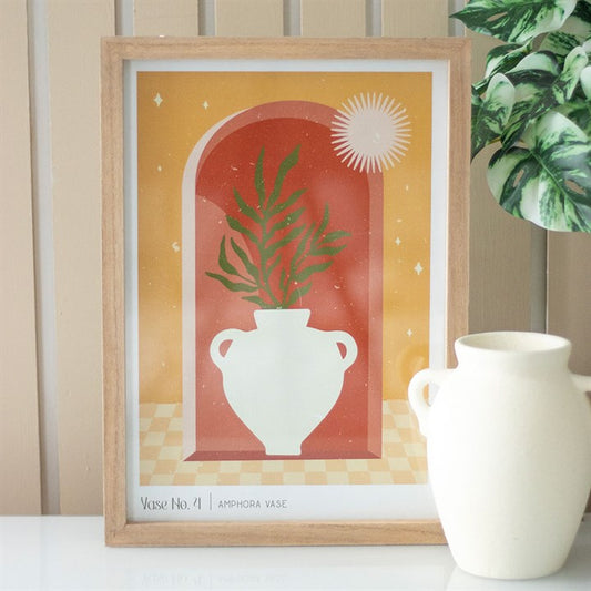 Elegant vase wall art print in a wooden frame with plant design for stylish home decor
