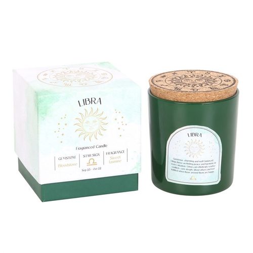 Libra zodiac candle with sweet jasmine gemstone scent in green container and decorative box