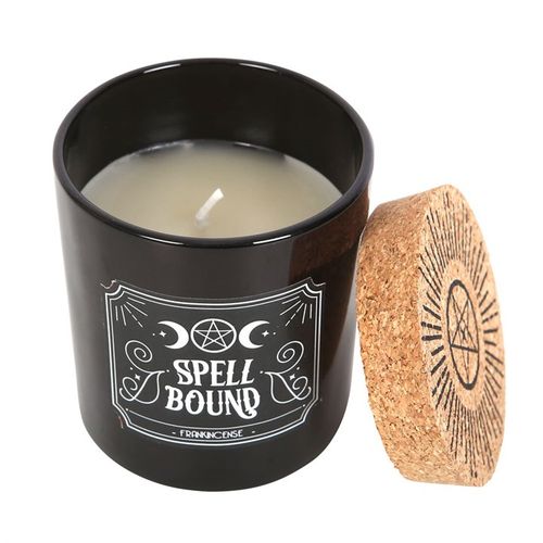 Spell Bound Frankincense Candle in a black jar with cork lid, perfect for spiritual ambiance and relaxation