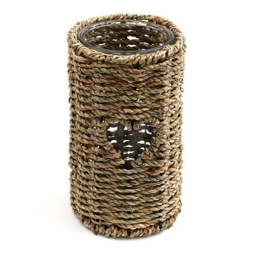 SD Connect Seagrass Candle Holder with heart cutout design and glass insert for decorative lighting