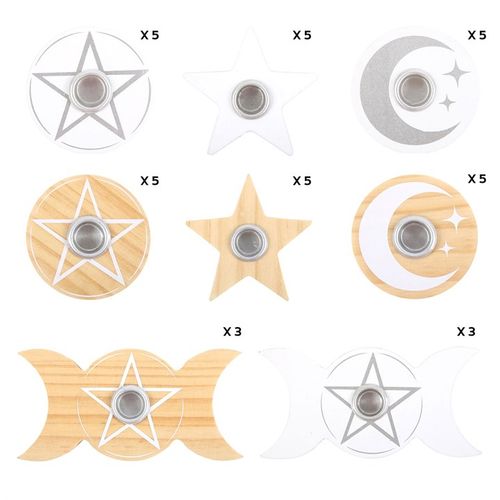 Set of 36 moon star candle holders in mixed white and natural finishes, perfect for spiritual decor.