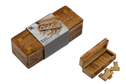 Geko Products wood and brass domino set with wooden storage box and brass inlaid dots