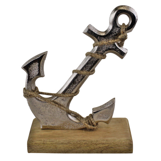 Silver anchor ornament with rustic rope detail mounted on wooden base by Geko Products