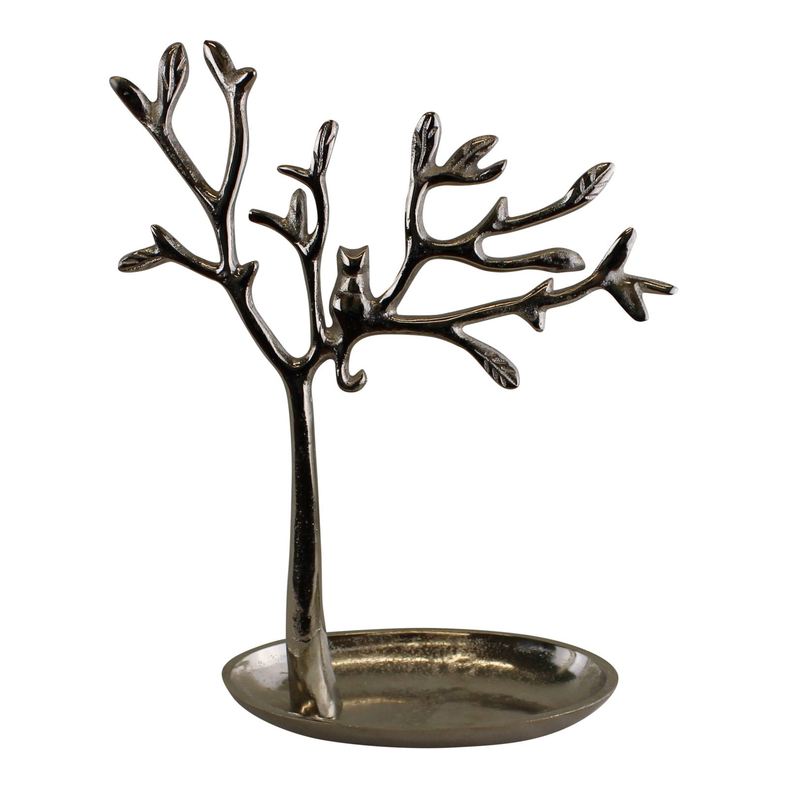Silver cat jewellery stand shaped like a tree with a cat sitting on branches for organizing accessories