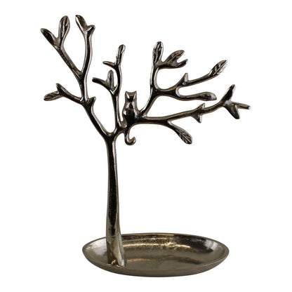 Silver cat jewellery stand shaped like a tree with a cat sitting on branches for organizing accessories