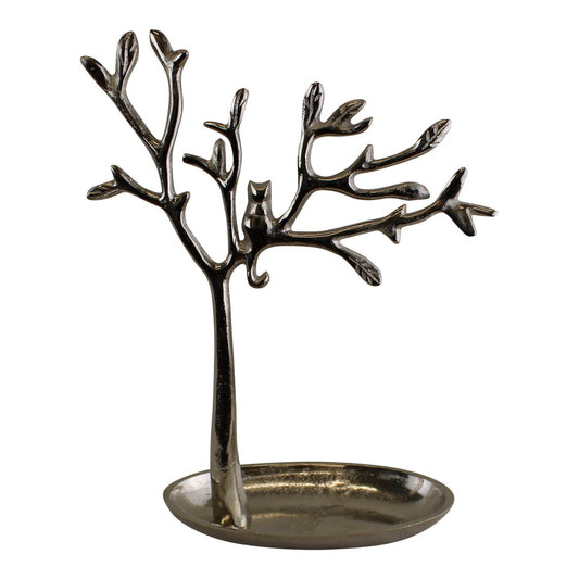 Silver cat jewellery stand shaped like a tree with a cat sitting on branches for organizing accessories