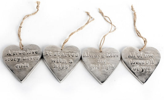 Silver heart decoration set with romantic engraved messages and hanging twine strings