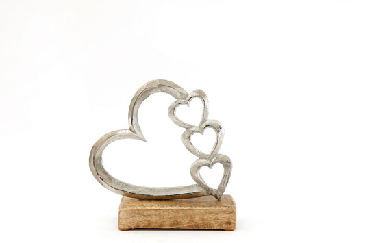 Geko Products silver heart ornament with three connected hearts on wooden base