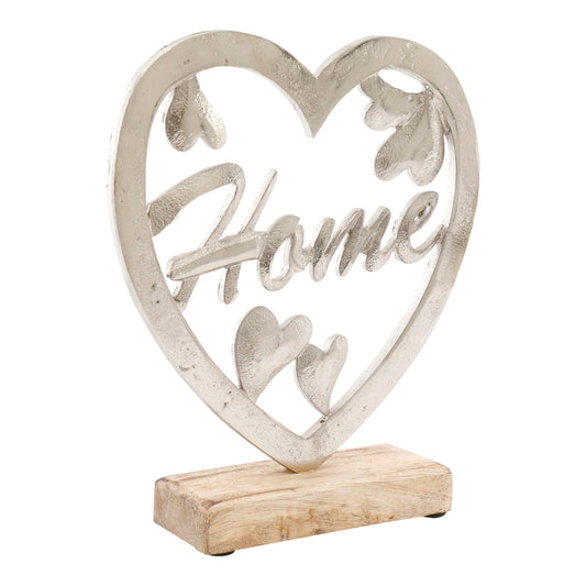 Silver Heart Ornament with Home text and decorative hearts on wooden base by Geko Products