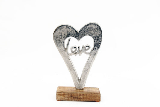 Silver Heart Ornament with love inscription on wooden base by Geko Products