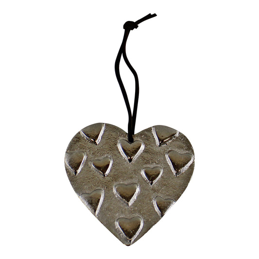 Silver heart ornament with multiple embossed hearts and black hanging string by Geko Products