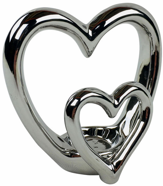 Geko Products silver heart tealight holder with two connected shiny metal hearts for decorative candle display