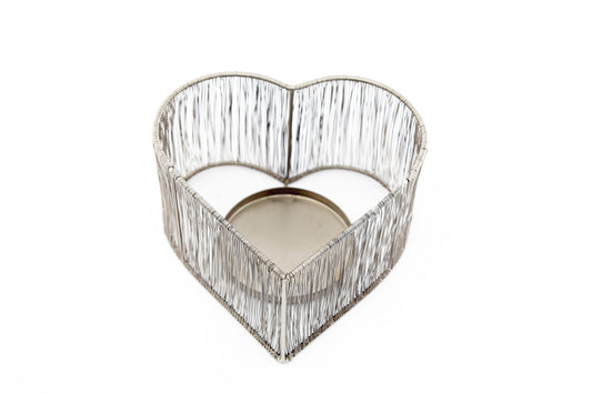 Geko Products silver heart tealight holder with metal wire frame and round base for candles