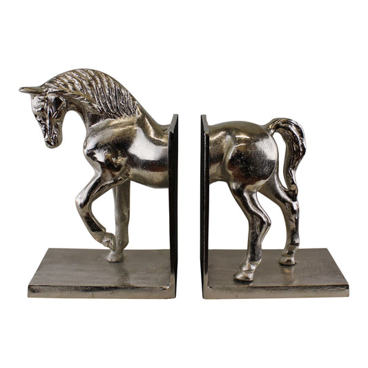 Set of silver horse bookends by Geko Products featuring a detailed horse split into front and back halves